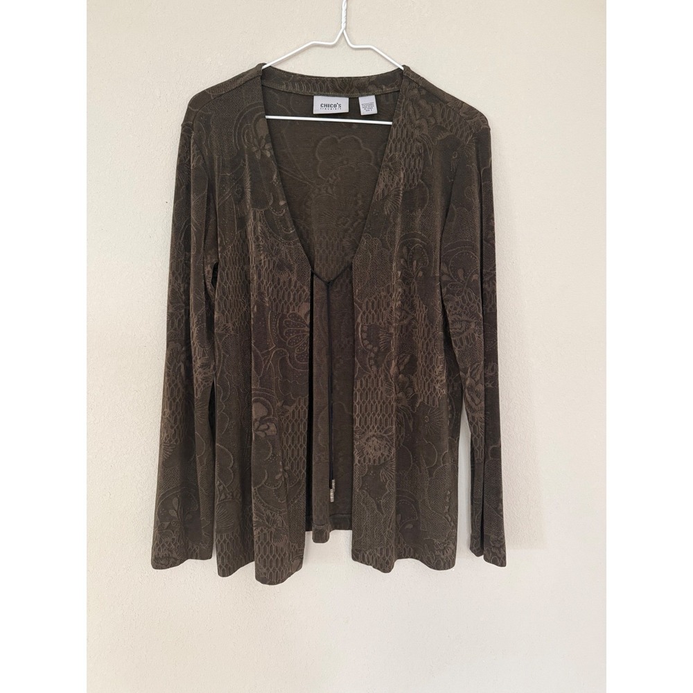 Chico's Travelers Cardigan Womens Sz 1/Medium Floral Jacquard Open Front Tie
